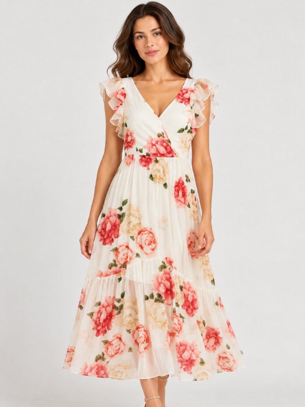 Premier Amour Dress Women 18 Ivory Floral Maxi Ruffle V Neck Tie Back P4243